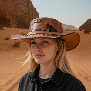 Vintage Unisex Handmade Tooled Leather Western Cowboy Hat Horse Design